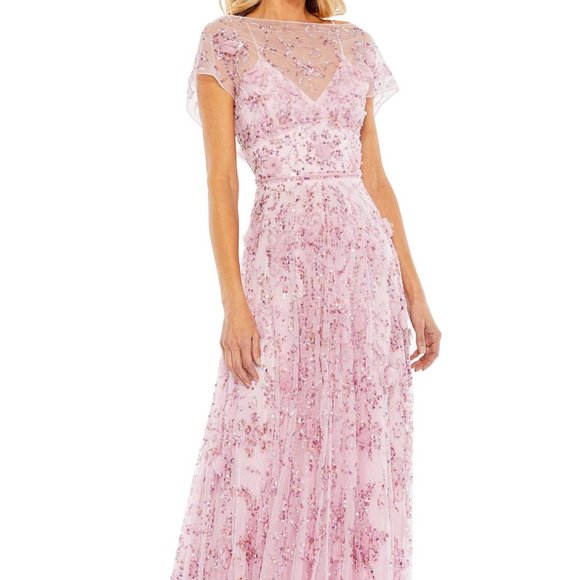 NWT MAC DUGGAL 93685 SZ 8 SEQUIN 3D EMBELLISHED CAP SLEEVE FLORAL‎ GOWN PINK